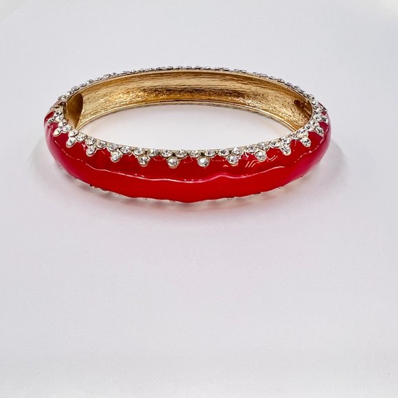 NWOT - Red Enameled Clear Rhinestone Gold Tone Hinge Bracelet - Picture 2 of 5